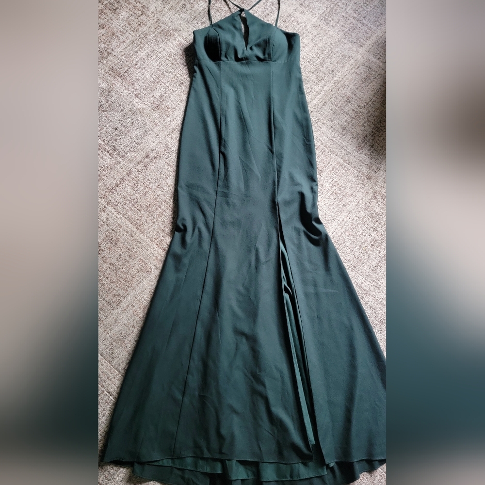 Amsale Hunter Green Halter Neck Mermaid Gown Bridesmaid Maxi Dress High Slit 6 - Picture 6 of 14